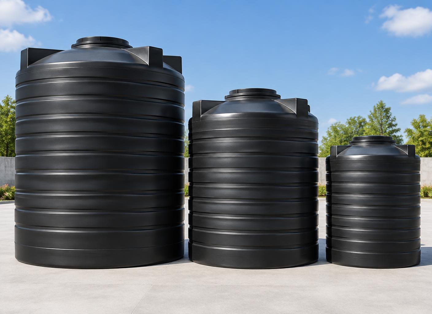 Black Kentank cylindrical water tanks in different sizes ready for delivery in Kenya
